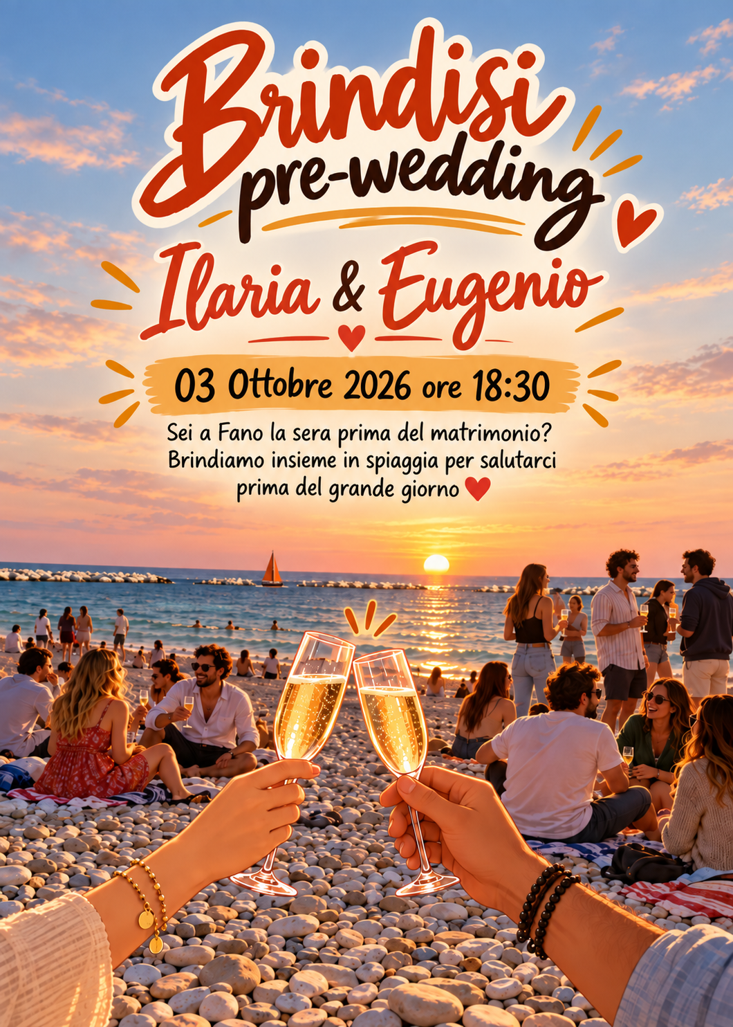 Locandina del brindisi pre-wedding di Ilaria ed Eugenio, sabato 3 ottobre 2026 alle 18:30
